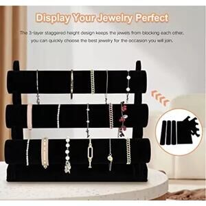 Elegant Velvet Bracelet Holder w/ 3 Tier Rack, Black Detachable Jewelry Display